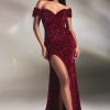 Dresses * | Cinderella Divine Ca109 Long Off Shoulder Fitted Prom Dress Bargain Sale Magenta