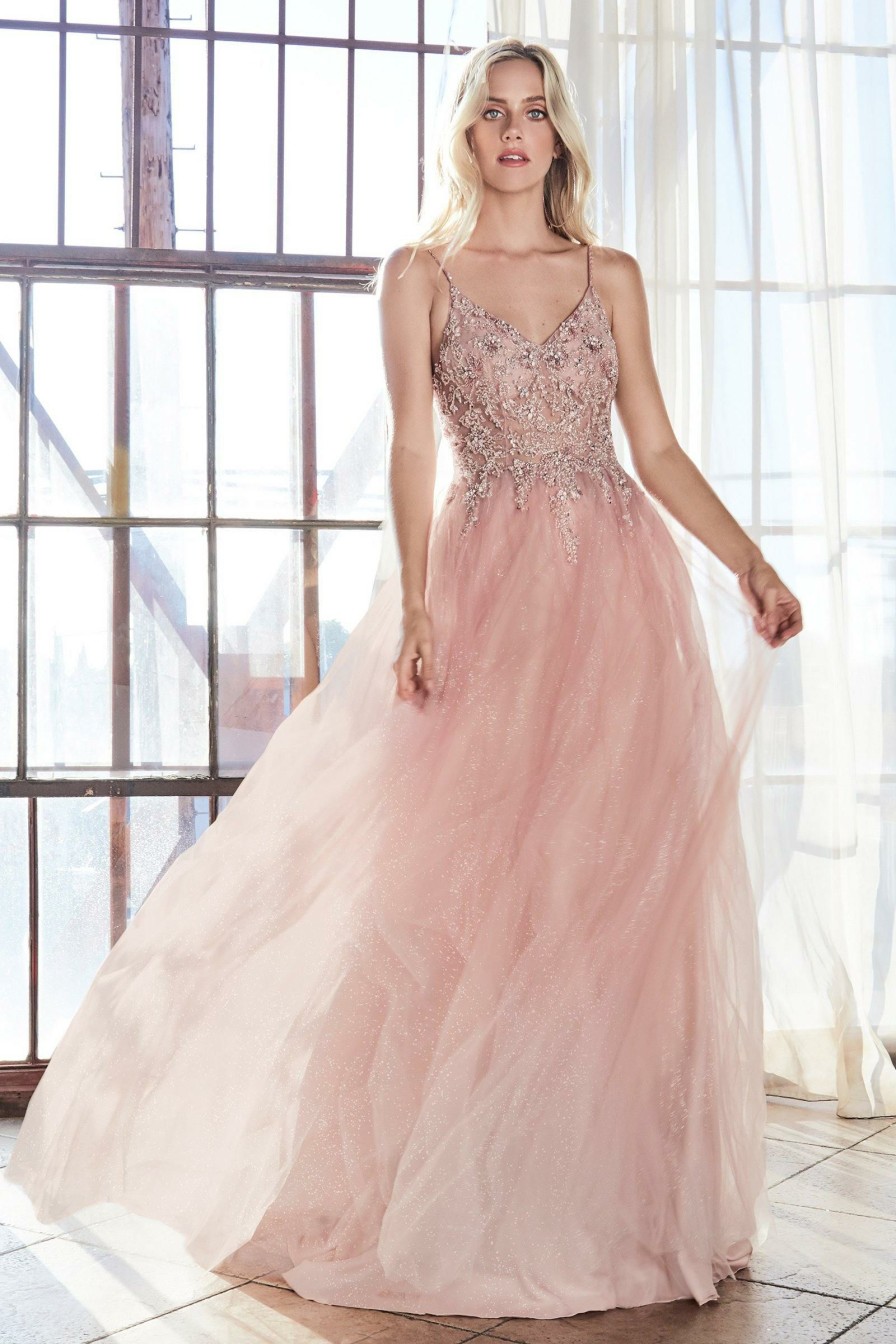 Dresses * | Cinderella Divine Am321 Long Spaghetti Strap Beaded Evening Prom Dress Large Choice Blush