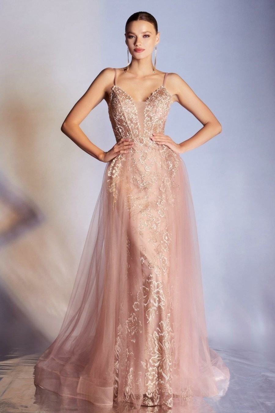 Dresses * | Cinderella Divine Cd953 Glitter Long Prom Formal Dress Featured Rose Gold