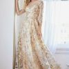 Dresses * | Cinderella Divine Cr855 Long Sleeve Gold Formal Dress Sale Clearance Sale Champagne Gold