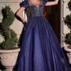 Dresses * | Cinderella Divine B702 Short Sleeve Glitter Long A Line Prom Dress Top Sell Navy