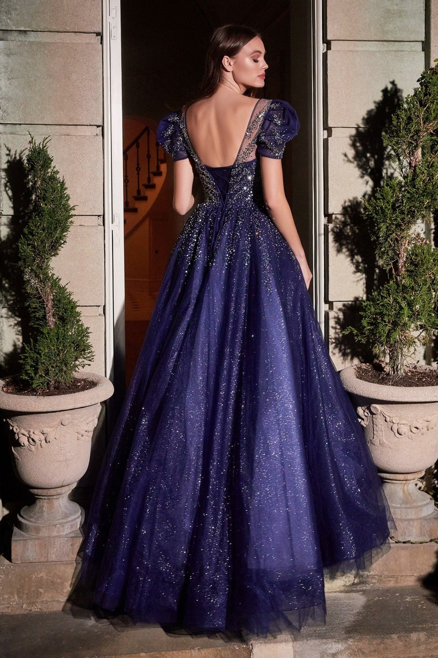 Dresses * | Cinderella Divine B702 Short Sleeve Glitter Long A Line Prom Dress Top Sell Navy