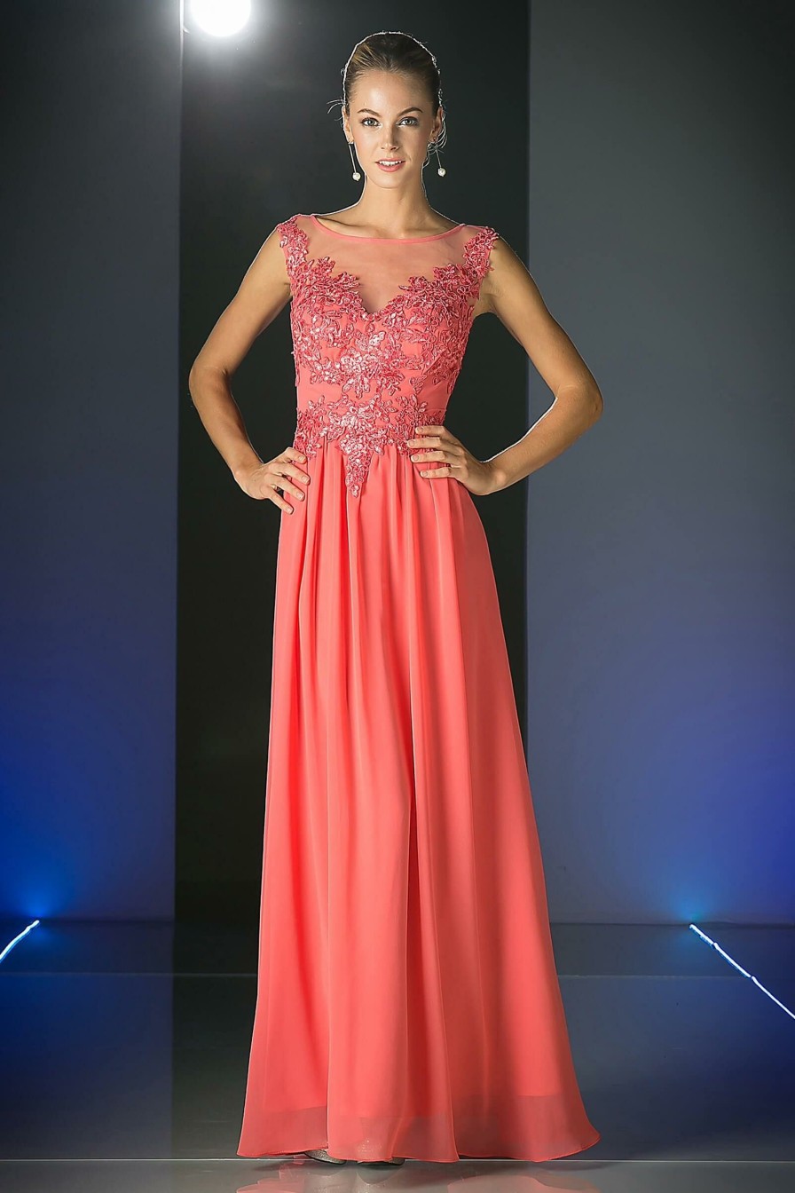 Dresses * | Cinderella Divine Cf005 Lace Bodice Scoop Neck Evening Prom Long Dress Sale Hot Selling Coral