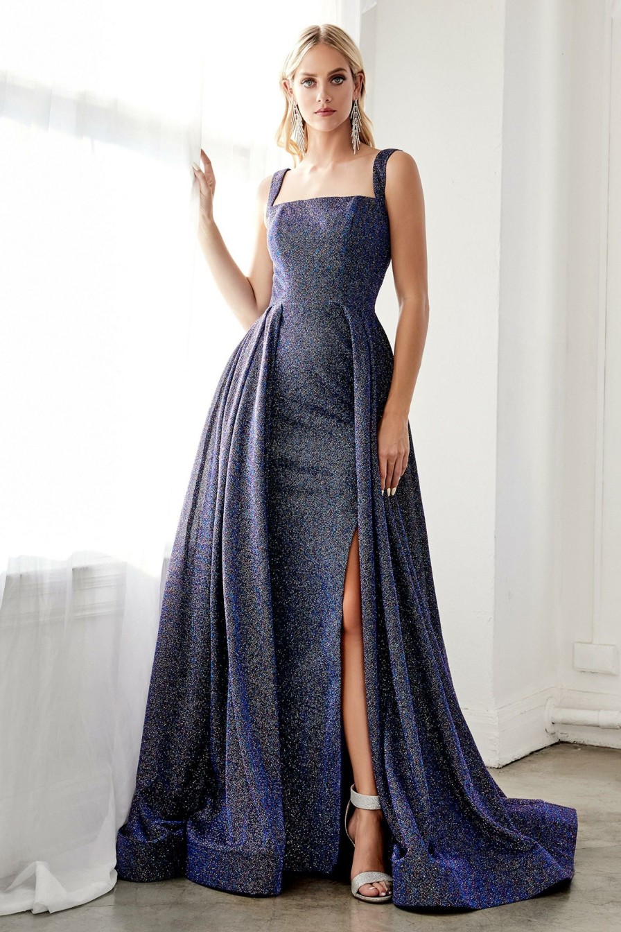 Dresses * | Cinderella Divine J793 Prom Long Formal Glitter Metallic Ball Gown Clearance Sale Navy