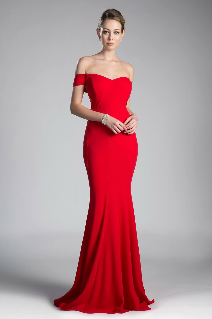 Dresses * | Cinderella Divine Cd711 Long Formal Off Shoulder Prom Dress Sale Classical Red