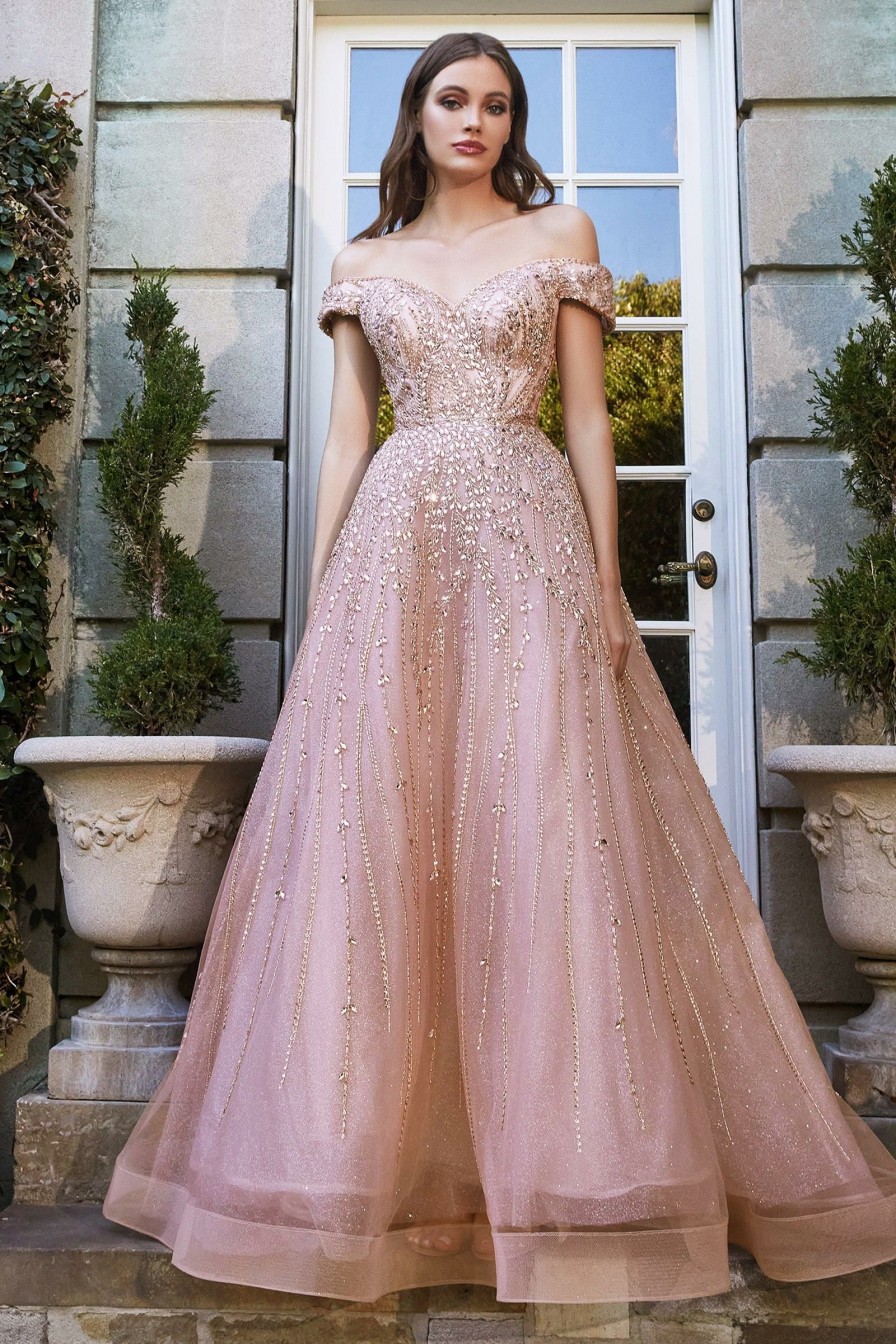 Dresses * | Cinderella Divine B715 Off Shoulder Long A Line Embellished Prom Dress Flash Sale Rose Gold