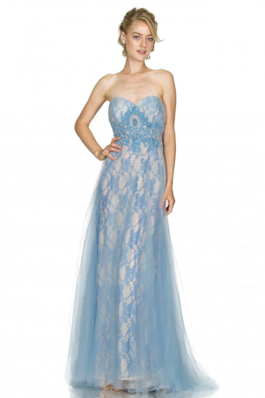 Dresses * | Cinderella Divine Cd003 Prom Long Lace Dress Clearance Ice Blue