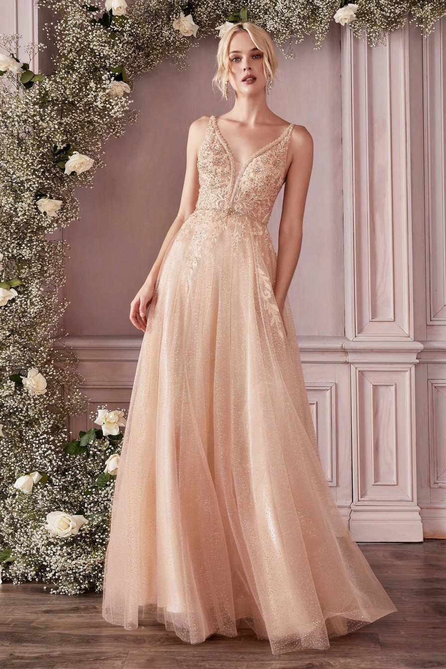 Dresses * | Cinderella Divine Cd0196 Sleeveless Tulle Long Formal Prom Dress Sale Special Offers Champagne