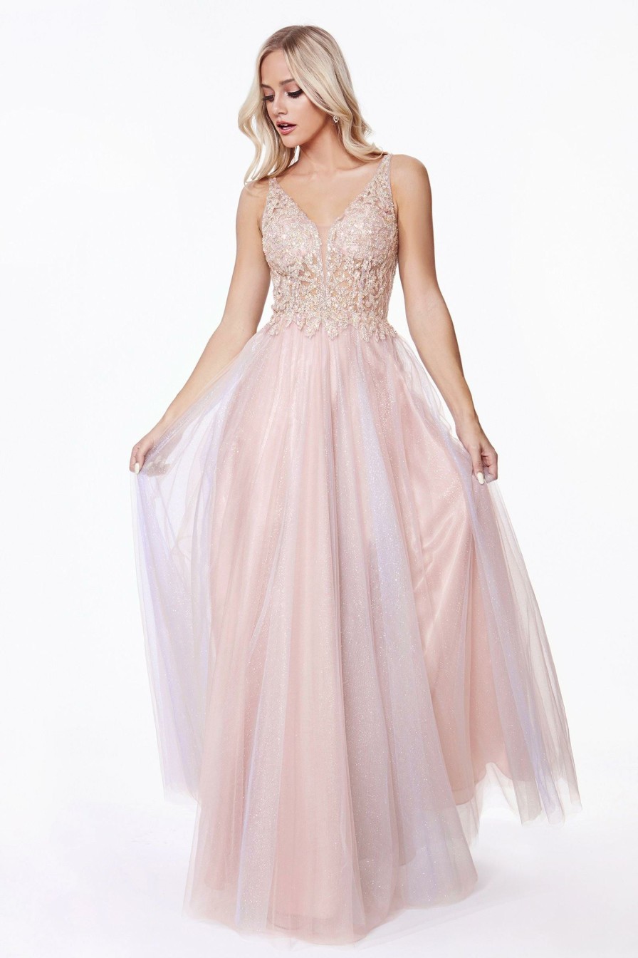 Dresses * | Cinderella Divine Ab198 Long Formal Sleeveless Beaded Lace Prom Dress Limited Edition Opal Blush