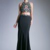 Dresses * | Cinderella Divine C80312 Long Halter Prom Two Piece Floral Formal Dress New Threads Black