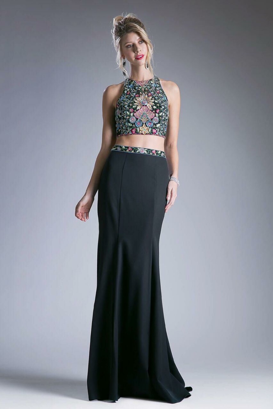 Dresses * | Cinderella Divine C80312 Long Halter Prom Two Piece Floral Formal Dress New Threads Black