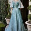 Dresses * | Cinderella Divine B719 Short Sleeve Beaded Long A Line Prom Dress Wholesale Sea Mist