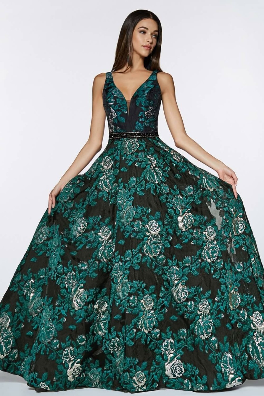 Dresses * | Cinderella Divine Cr821 Floral Ball Gown Long Prom Dress Exquisite Gifts Green