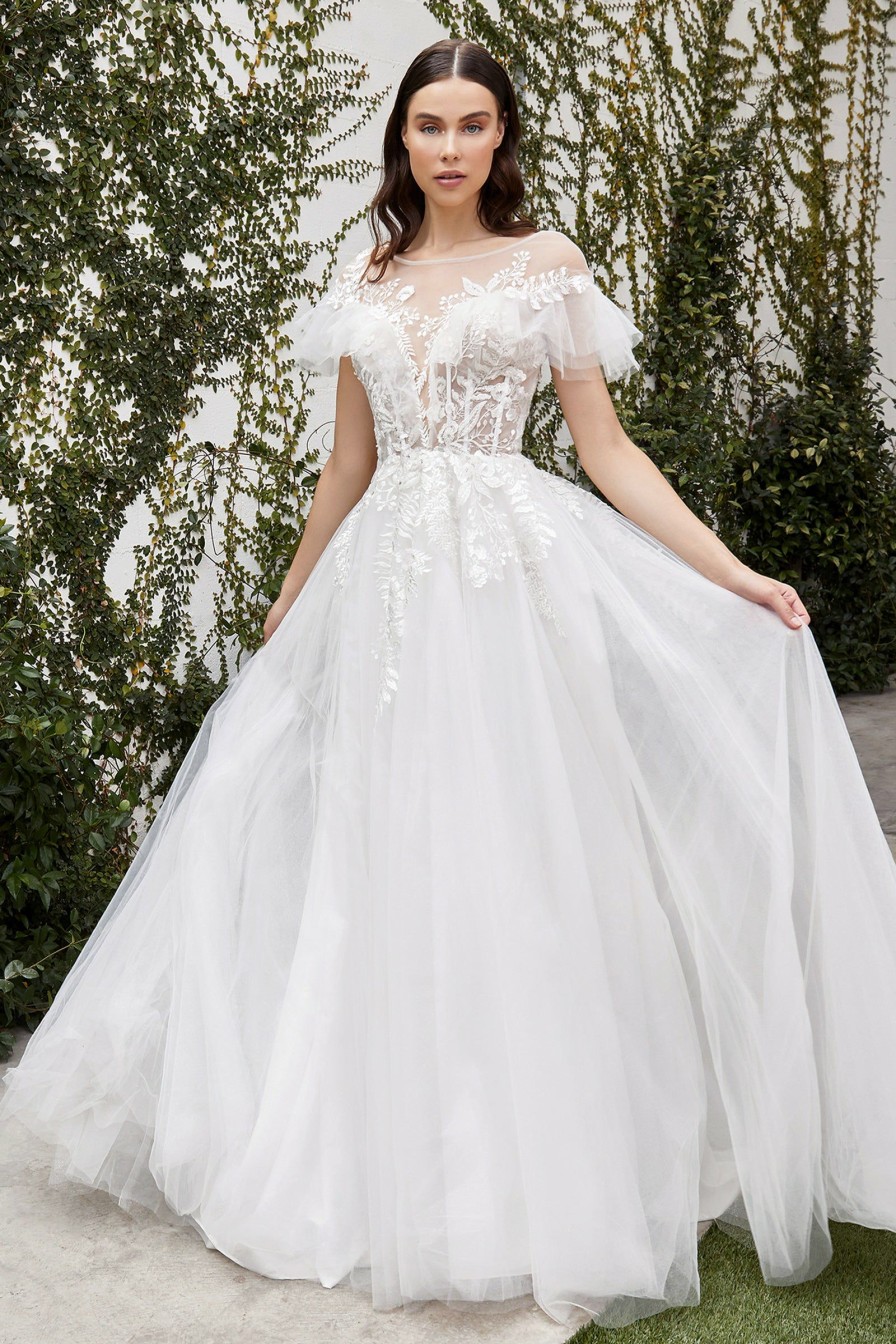 Dresses * | Cinderella Divine A1070W Short Sleeve Long Wedding Dress Fashionable Off White