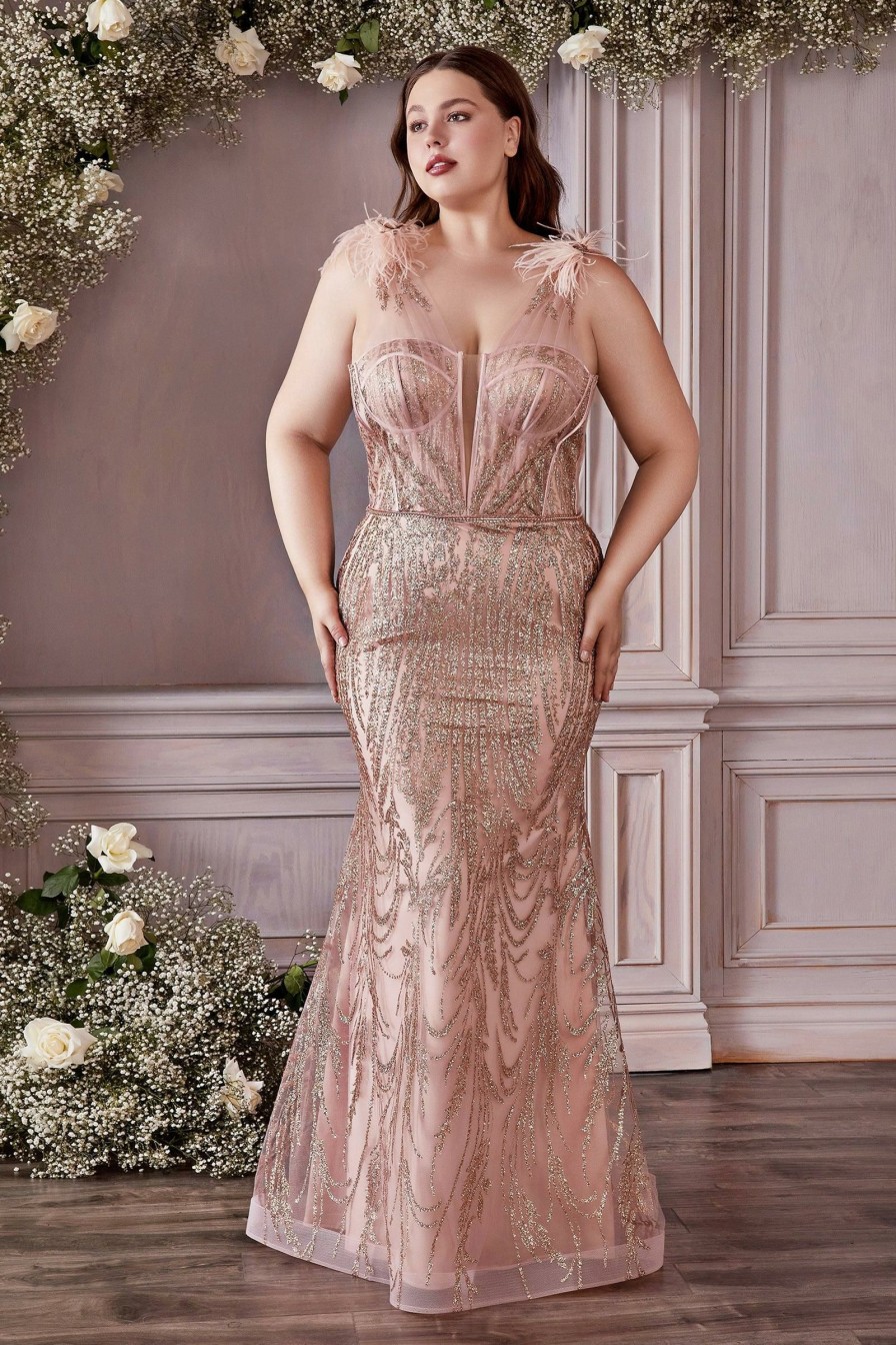 Dresses * | Cinderella Divine Cb087C Plus Size Long A Line Prom Dress Sale Discounts Rose Gold