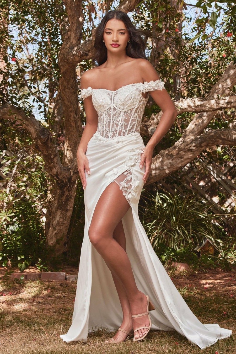 Dresses * | Cinderella Divine Cd0186W Long Off Shoulder Wedding Gown Sale Official Off White