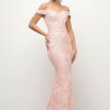 Dresses * | Cinderella Divine Uk012 Off Shoulder Beaded Lace Prom Dress Sale Best Quality Blush