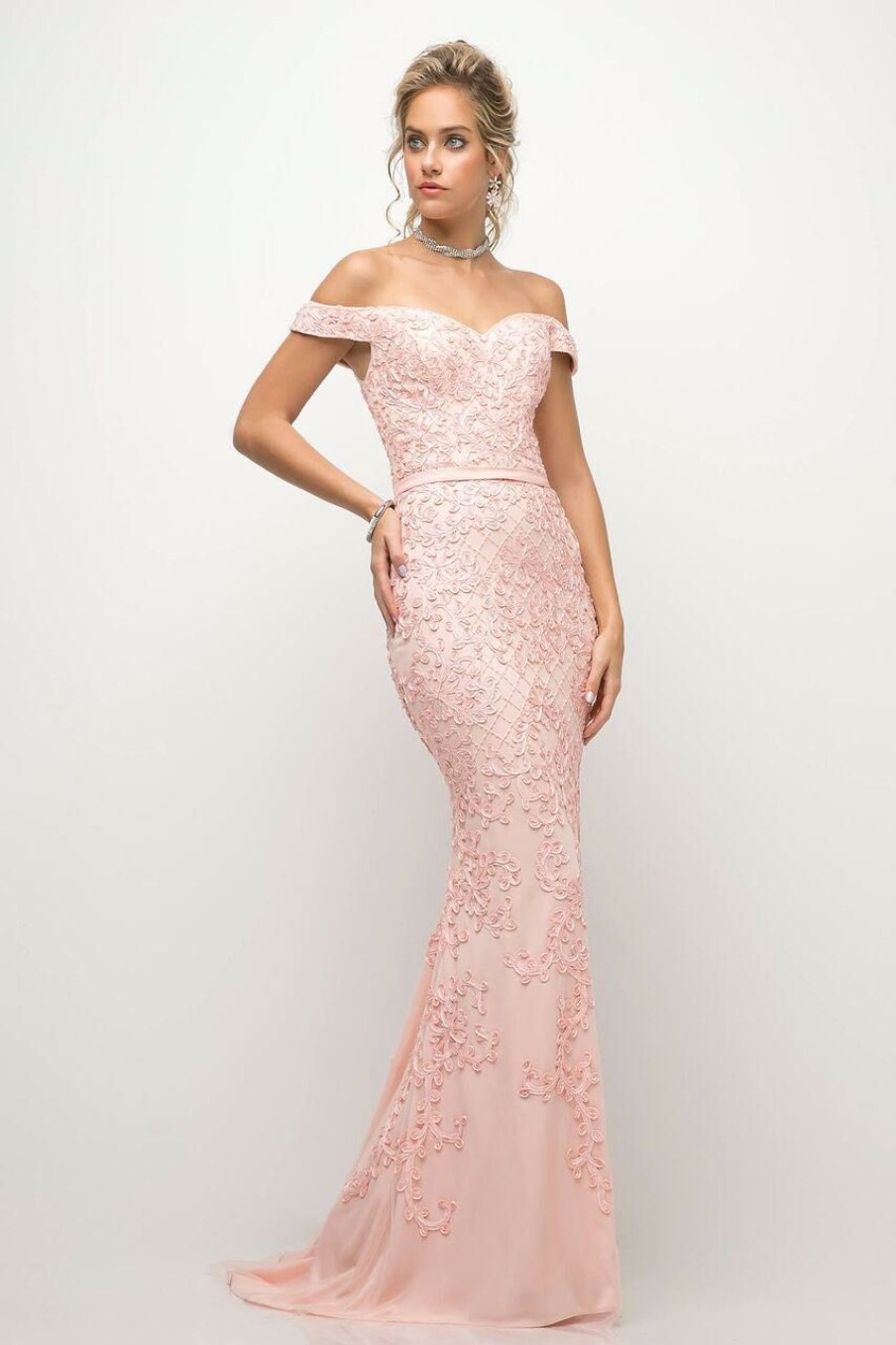 Dresses * | Cinderella Divine Uk012 Off Shoulder Beaded Lace Prom Dress Sale Best Quality Blush