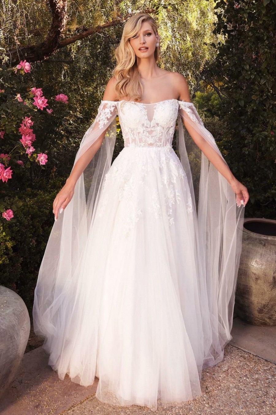 Dresses * | Cinderella Divine A1080W A Line Long Sheer Wedding Gown Excellent Quality Off-White