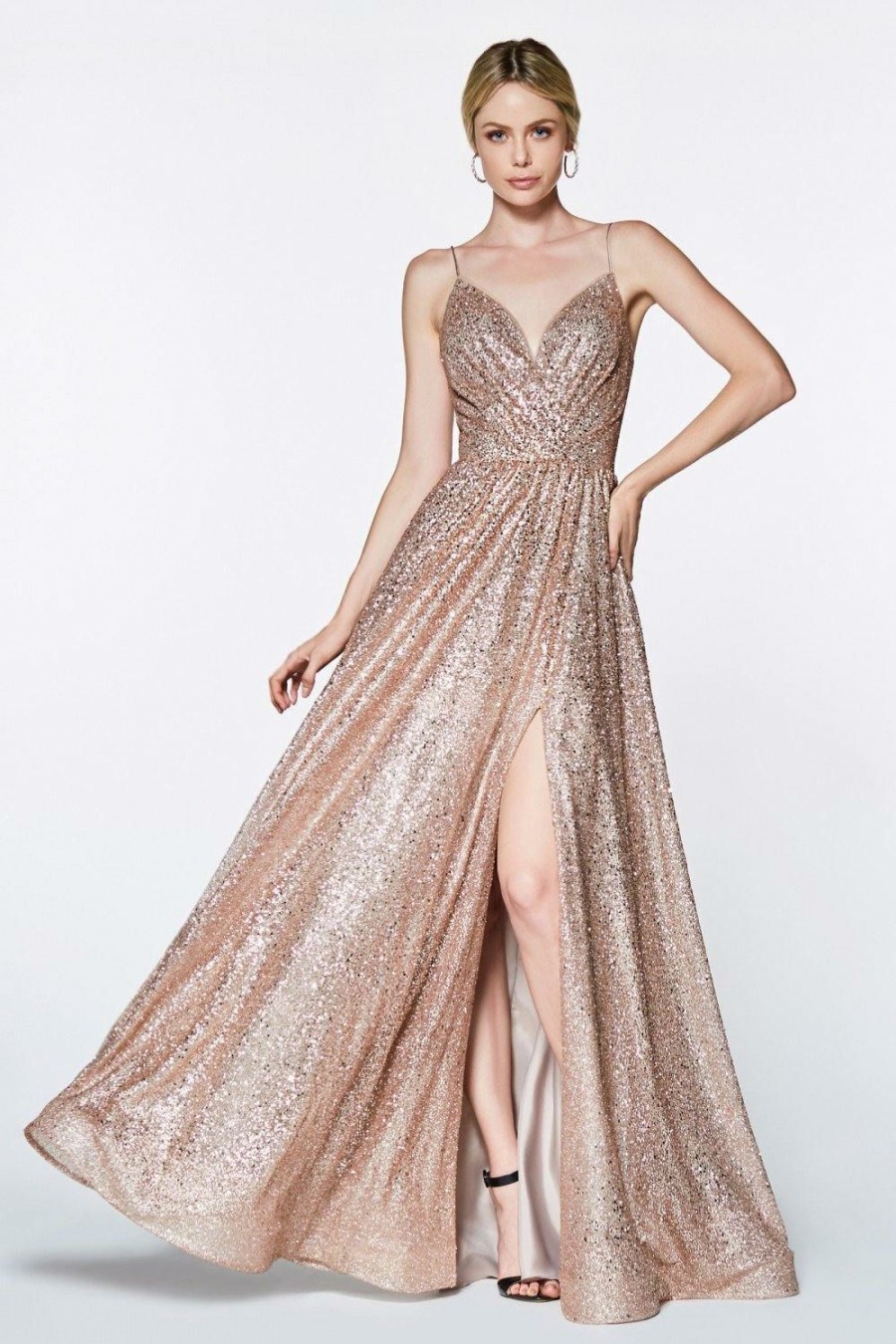 Dresses * | Cinderella Divine Cj510 Prom Long Glitter Evening Dress Clearance Rose Gold