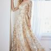 Dresses * | Cinderella Divine Cr855 Long Sleeve Gold Formal Dress Top Sellers Champagne Gold