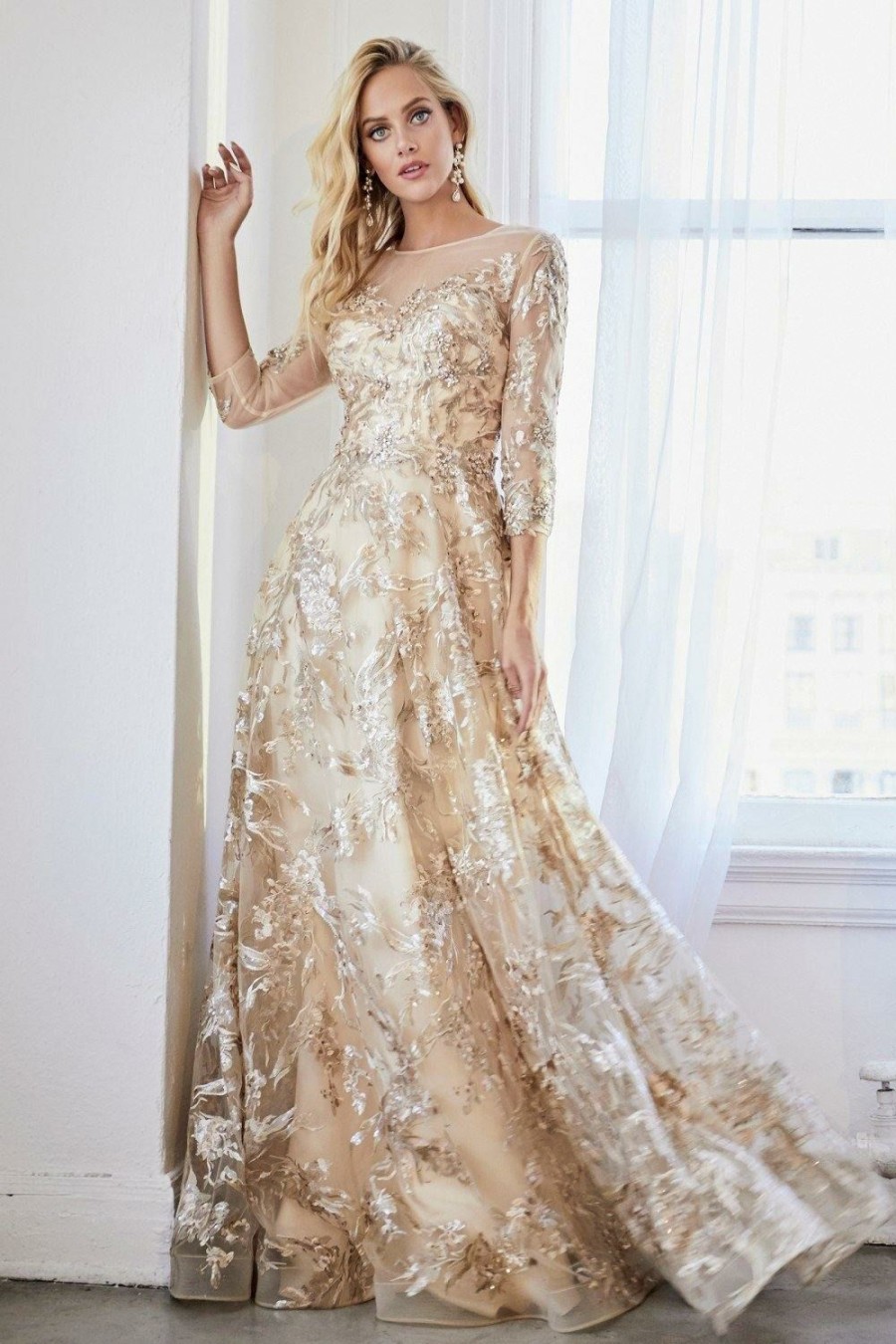 Dresses * | Cinderella Divine Cr855 Long Sleeve Gold Formal Dress Top Sellers Champagne Gold