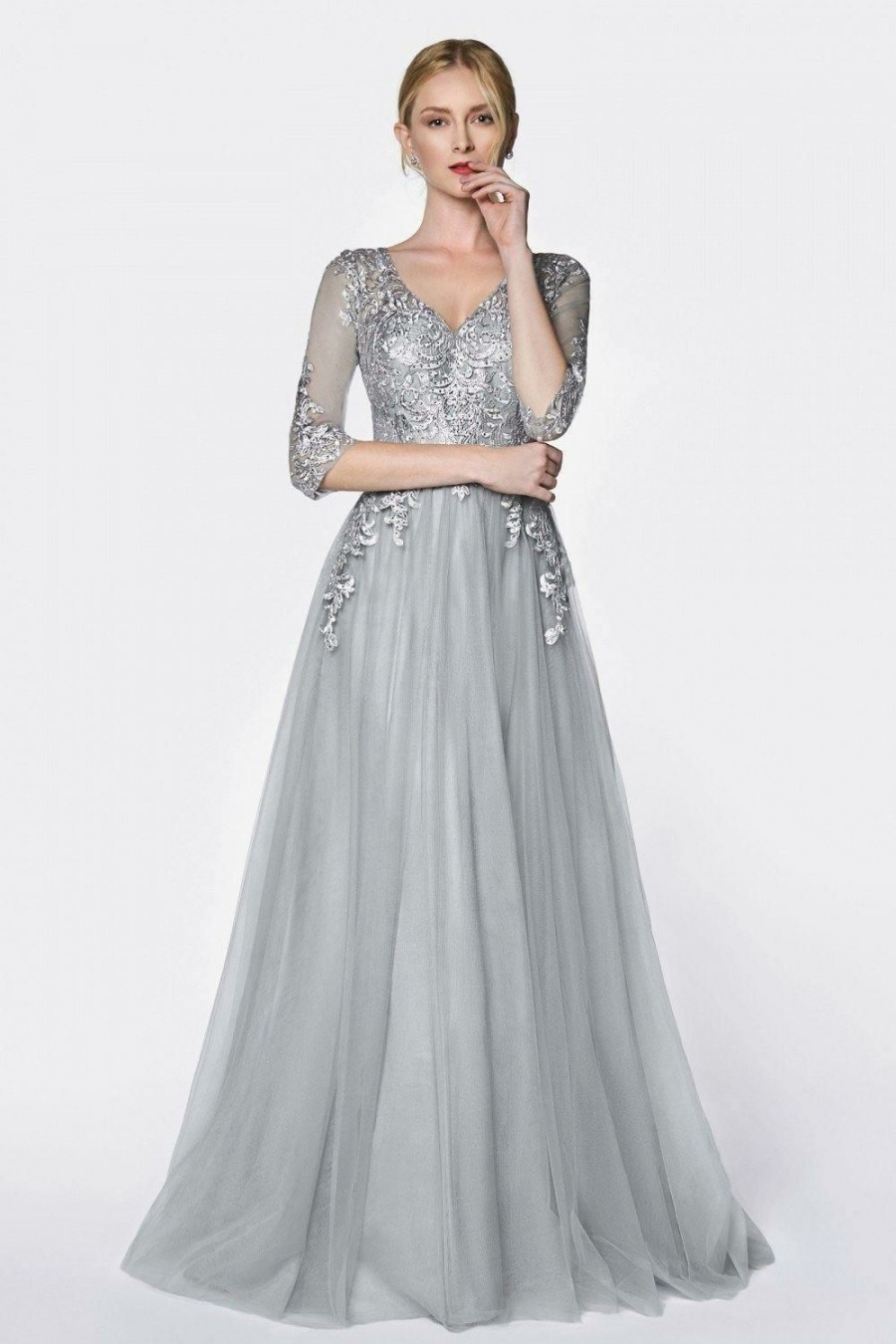 Dresses * | Cinderella Divine Ocoo3 Long Sleeve Formal Evening Dress Sale Free Delivery Silver