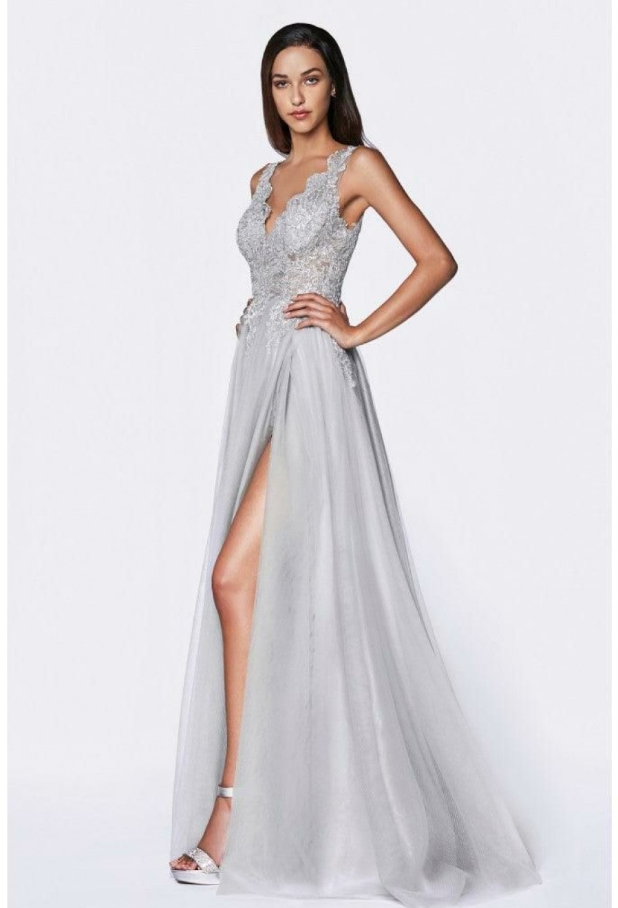 Dresses * | Cinderella Divine Ce0020 Long Dress Sleeveless A-Line Tulle Prom Gown Limited Edition Silver