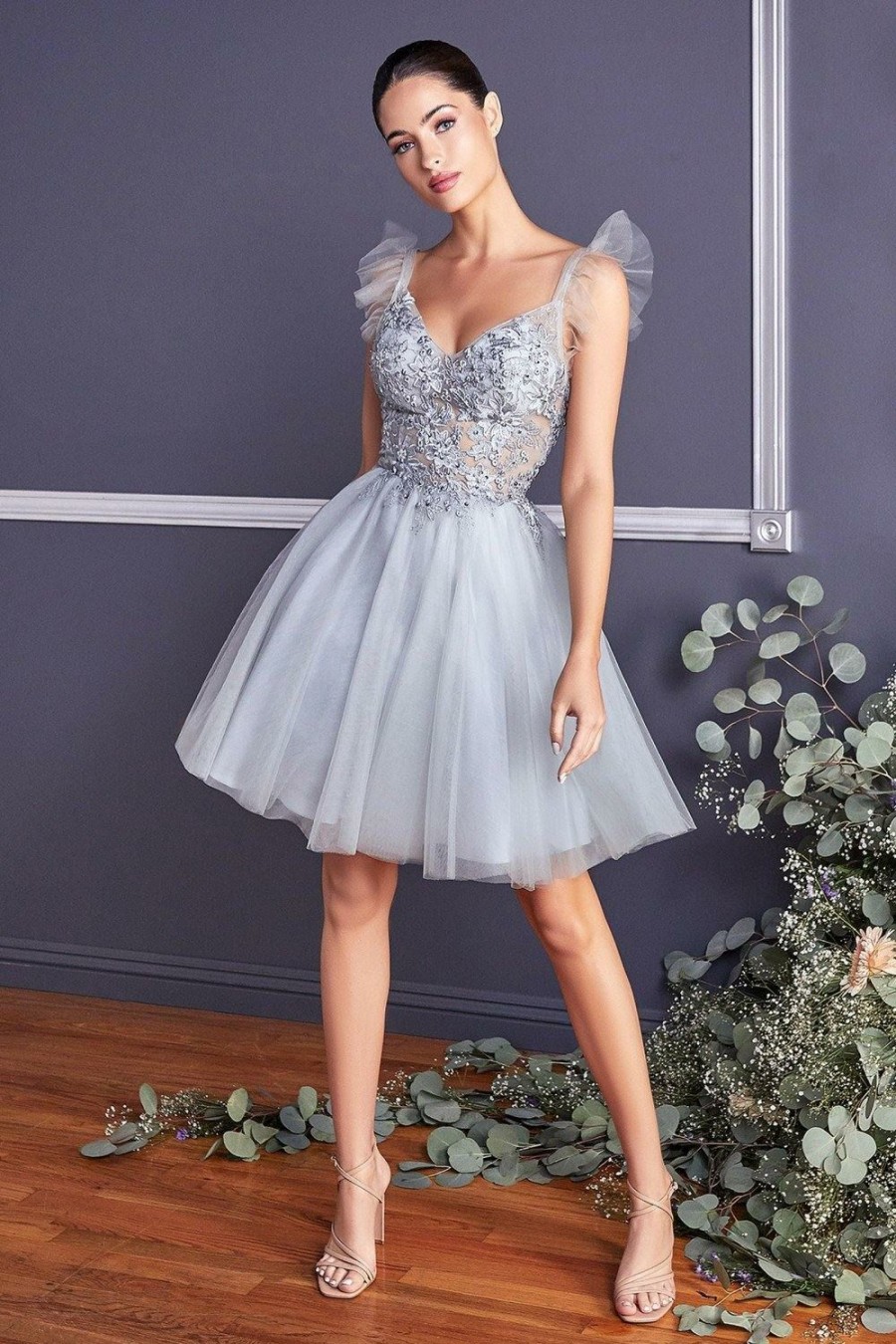 Dresses * | Cinderella Divine Cd9238 Short Prom Dress Sale High Quality Silver