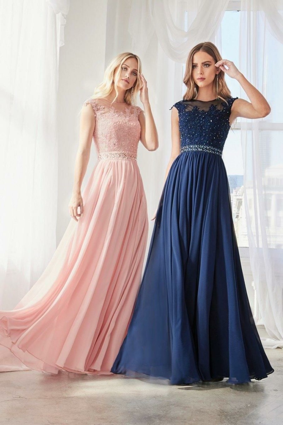 Dresses * | Cinderella Divine Uj0011 Cap Sleeve Formal Dress Chiffon Prom Long Gown Sale Cheap Online Navy