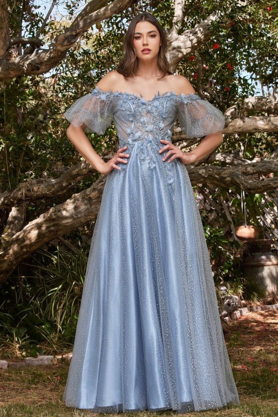 Dresses * | Cinderella Divine Cd0197 Off Shoulder Long Formal Gown Sale Cut Price Smoky Blue