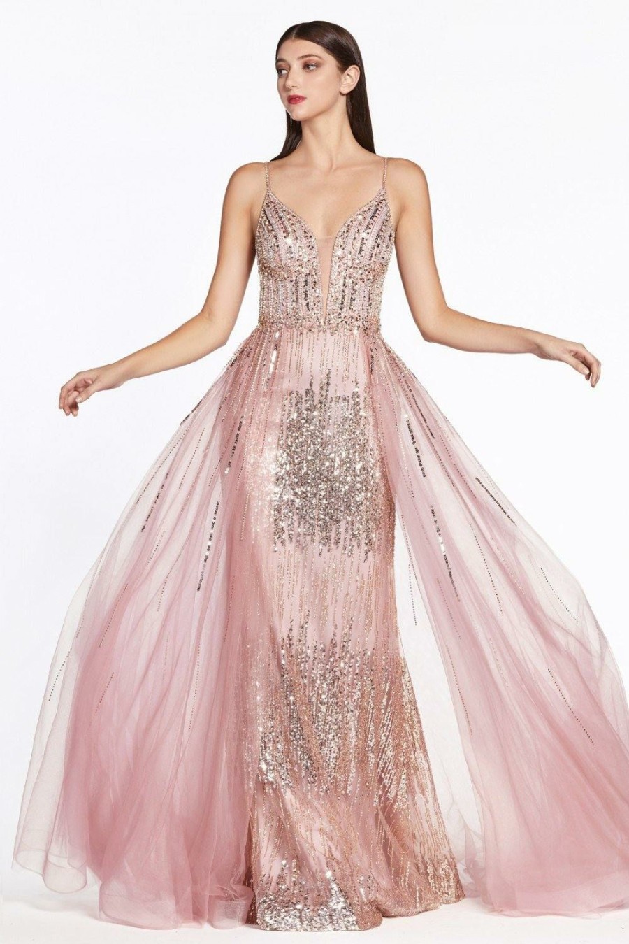 Dresses * | Cinderella Divine Cr841 Long Evening Gown Spaghetti Strap Sexy Prom Dress Best Choice Rose Gold