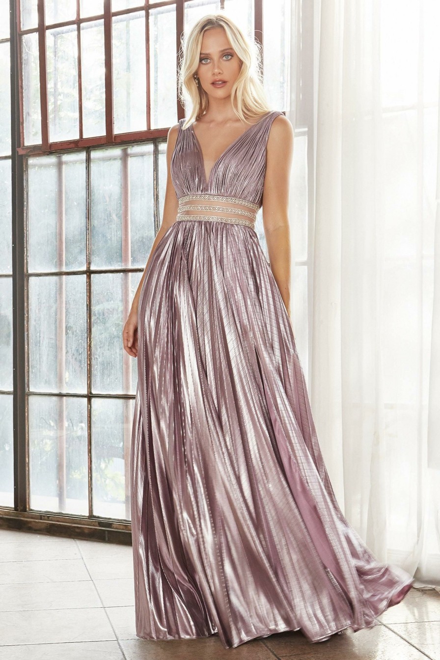 Dresses * | Cinderella Divine Cj537 Long Formal Sleeveless Metallic Pleated Prom Dress Sale Top Sellers Mauve