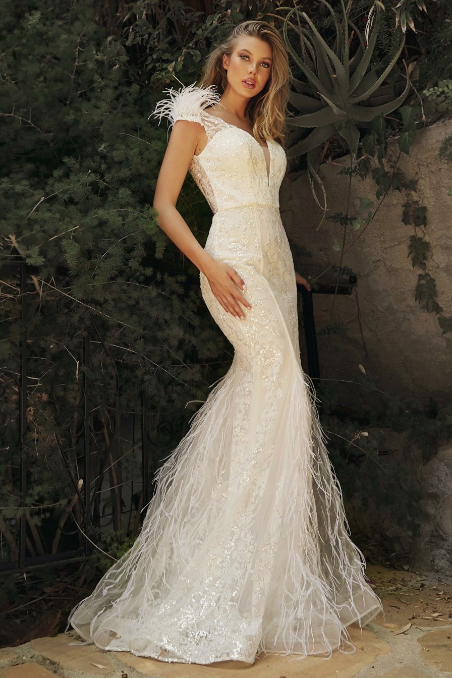 Dresses * | Cinderella Divine C57W Embellished Mermaid Feather Bridal Gown Top Sellers Off White