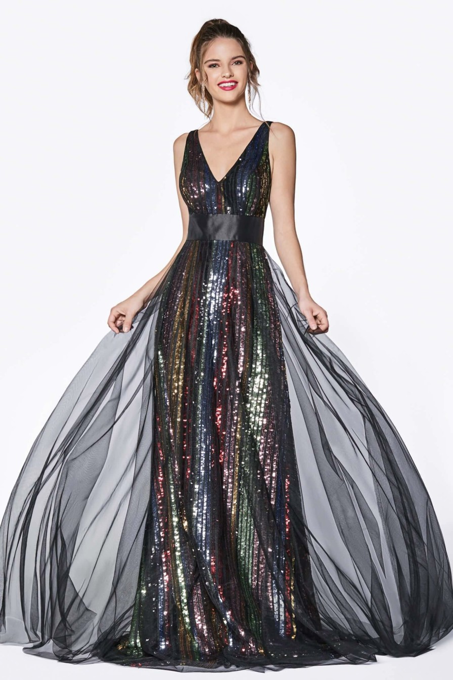 Dresses * | Cinderella Divine Cs033 Long Multi Color Sequins Prom Gown Sale Cheap Online Multicolor