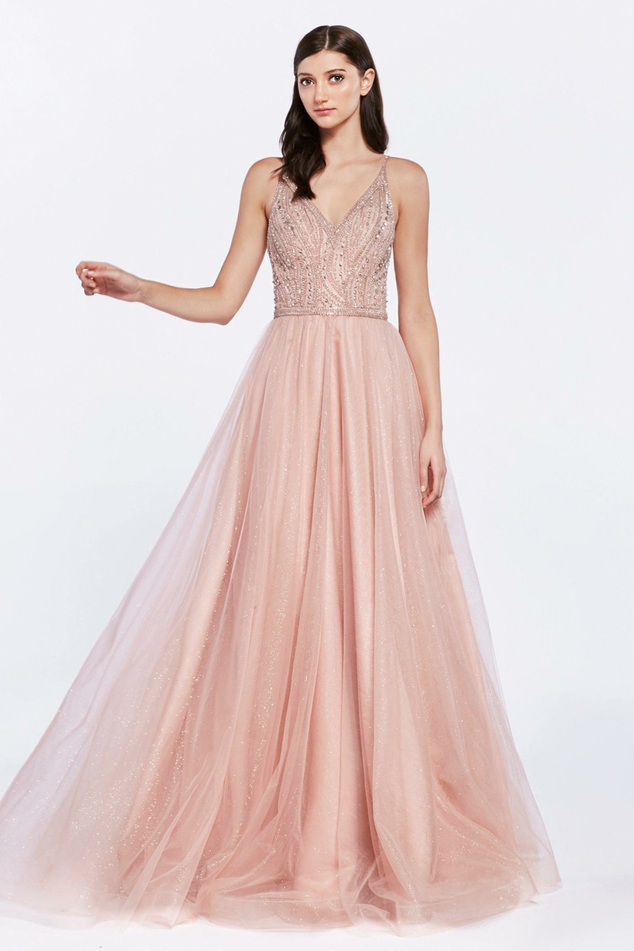 Dresses * | Cinderella Divine Kc892 Long Spaghetti Strap Glitter Prom Dress Formal Cut Price Rose