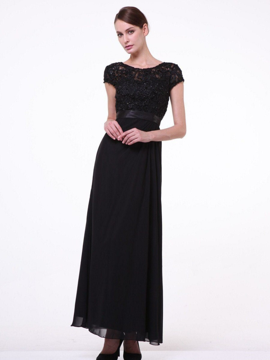 Dresses * | Cinderella Divine Cd1922 Lace Short Sleeve Evening Dress Sale Fashion Black