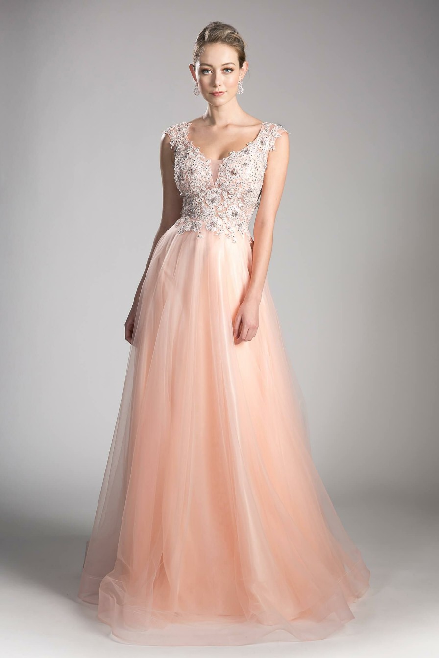 Dresses * | Cinderella Divine Kv1015 Long Open Back Prom Dress Formal Ball Gown Hot Sale Peach