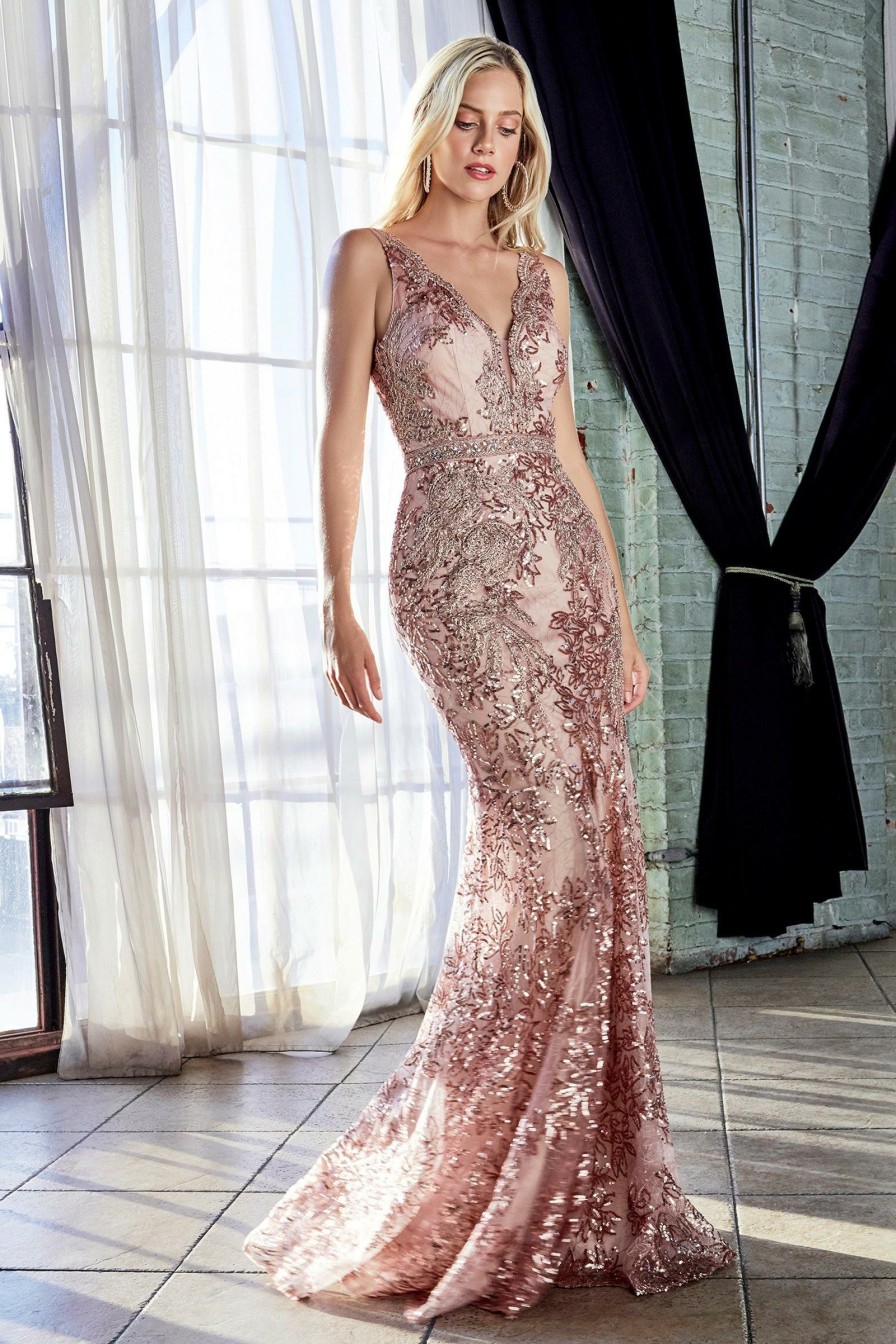 Dresses * | Cinderella Divine Ht062 Long Formal Sleeveless Fitted Lace Evening Dress Outlet Sale Rose Gold