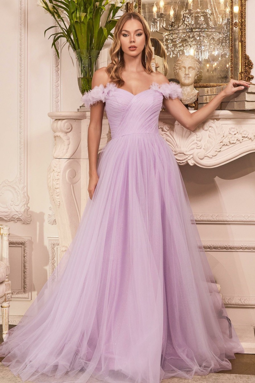 Dresses * | Cinderella Divine Cd957 Off Shoulder Long A Line Prom Dress Sale Wholesale Lilac