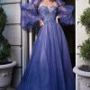 Dresses * | Cinderella Divine B709 Long Sleeve A Line Long Prom Dress Sale Outlet Sale Smoky Blue