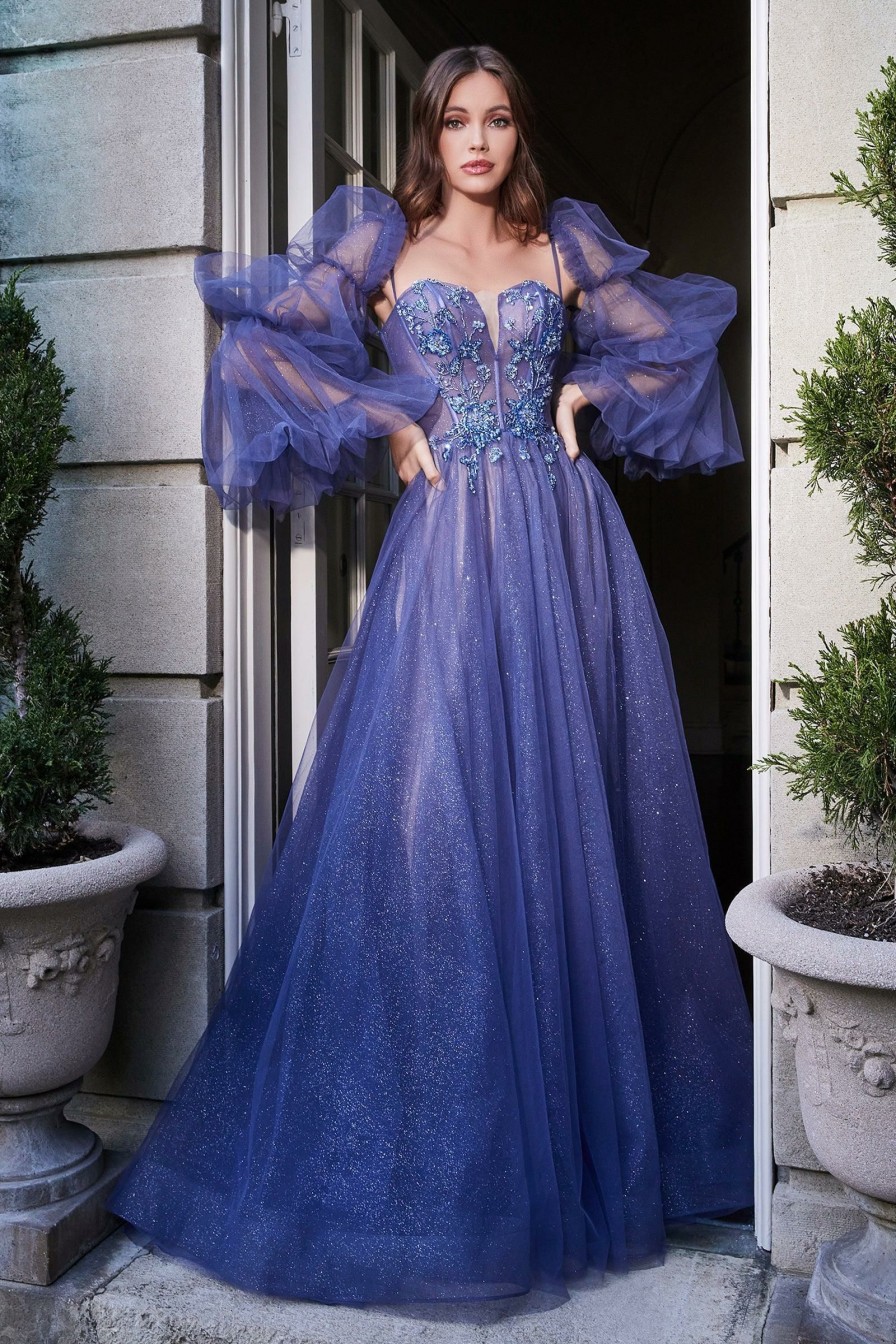 Dresses * | Cinderella Divine B709 Long Sleeve A Line Long Prom Dress Sale Outlet Sale Smoky Blue