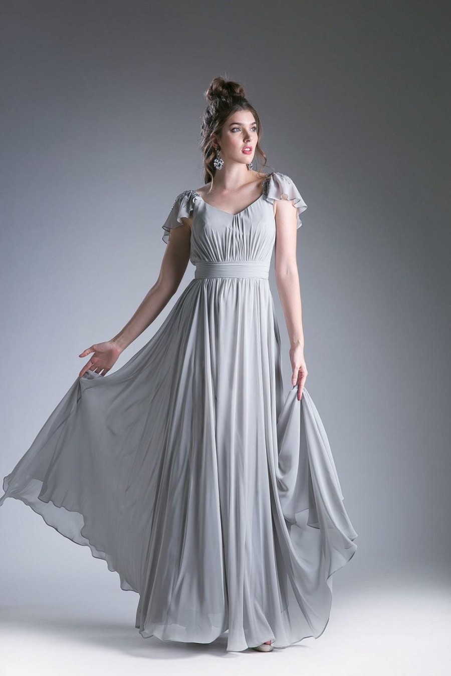 Dresses * | Cinderella Divine Cd1002 Long Formal Dress Empire Waist Chiffon Sale Low Price Silver