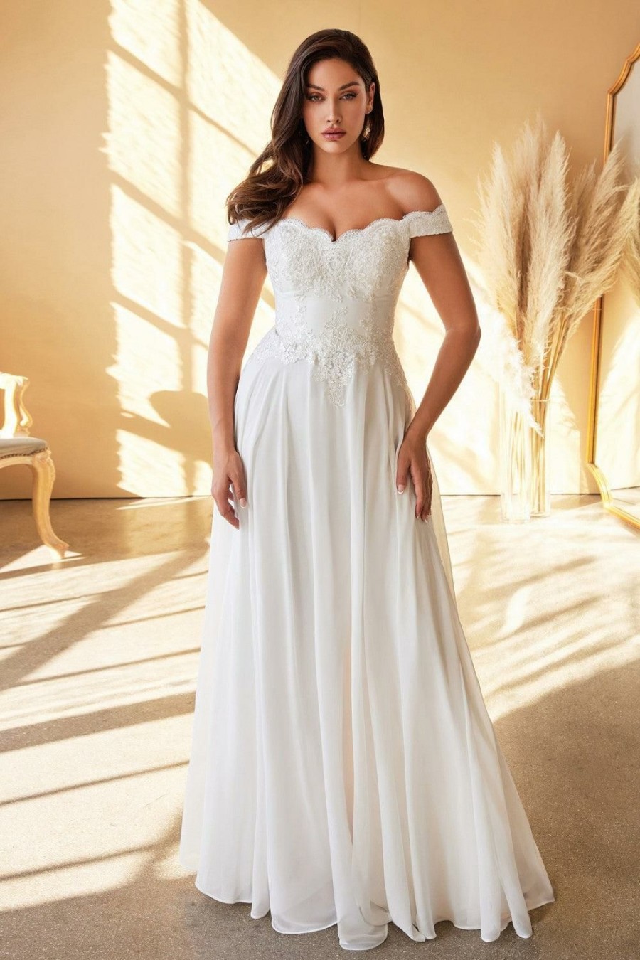 Dresses * | Cinderella Divine 7258W Long Off Shoulder Wedding Gown Bestsellers Off White