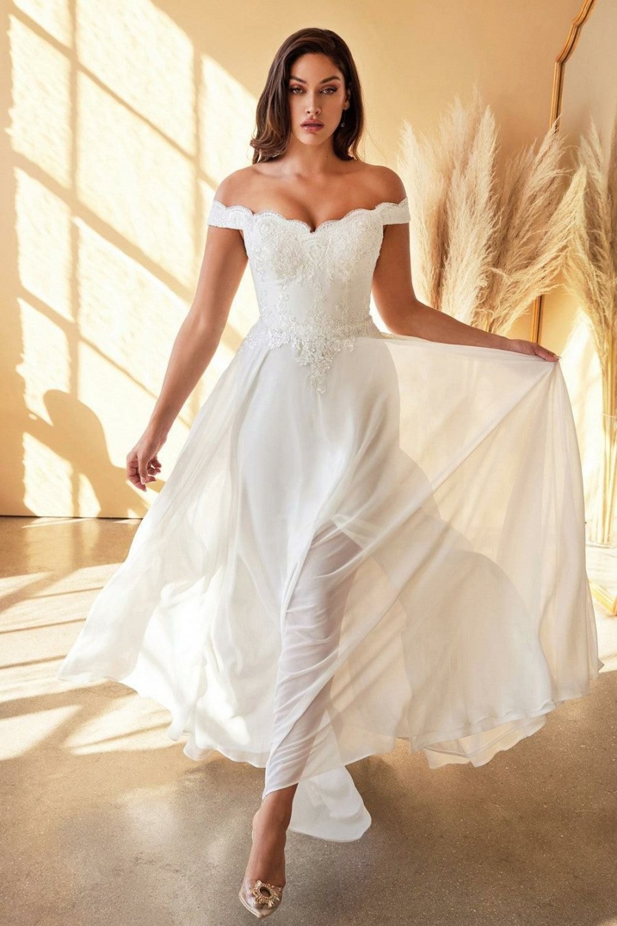 Dresses * | Cinderella Divine 7258W Long Off Shoulder Wedding Gown Bestsellers Off White