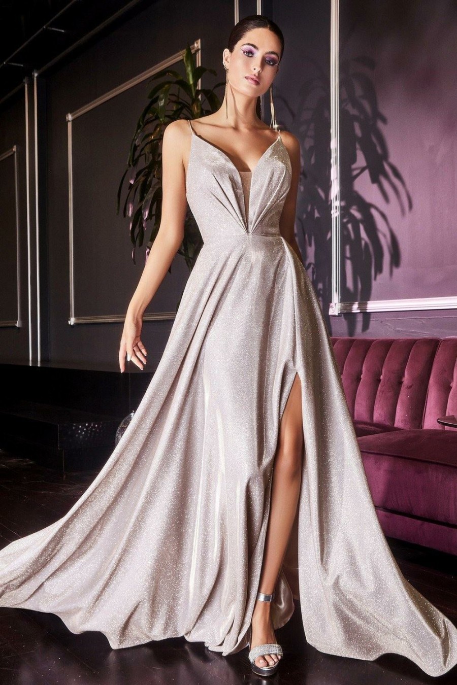 Dresses * | Cinderella Divine Cd185 Long Prom Spaghetti Strap Evening Dress Cut Price Champagne