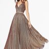 Dresses * | Cinderella Divine Kc896 Prom Long Formal Spaghetti Strap Stripped Metallic Dress Discounts Copper