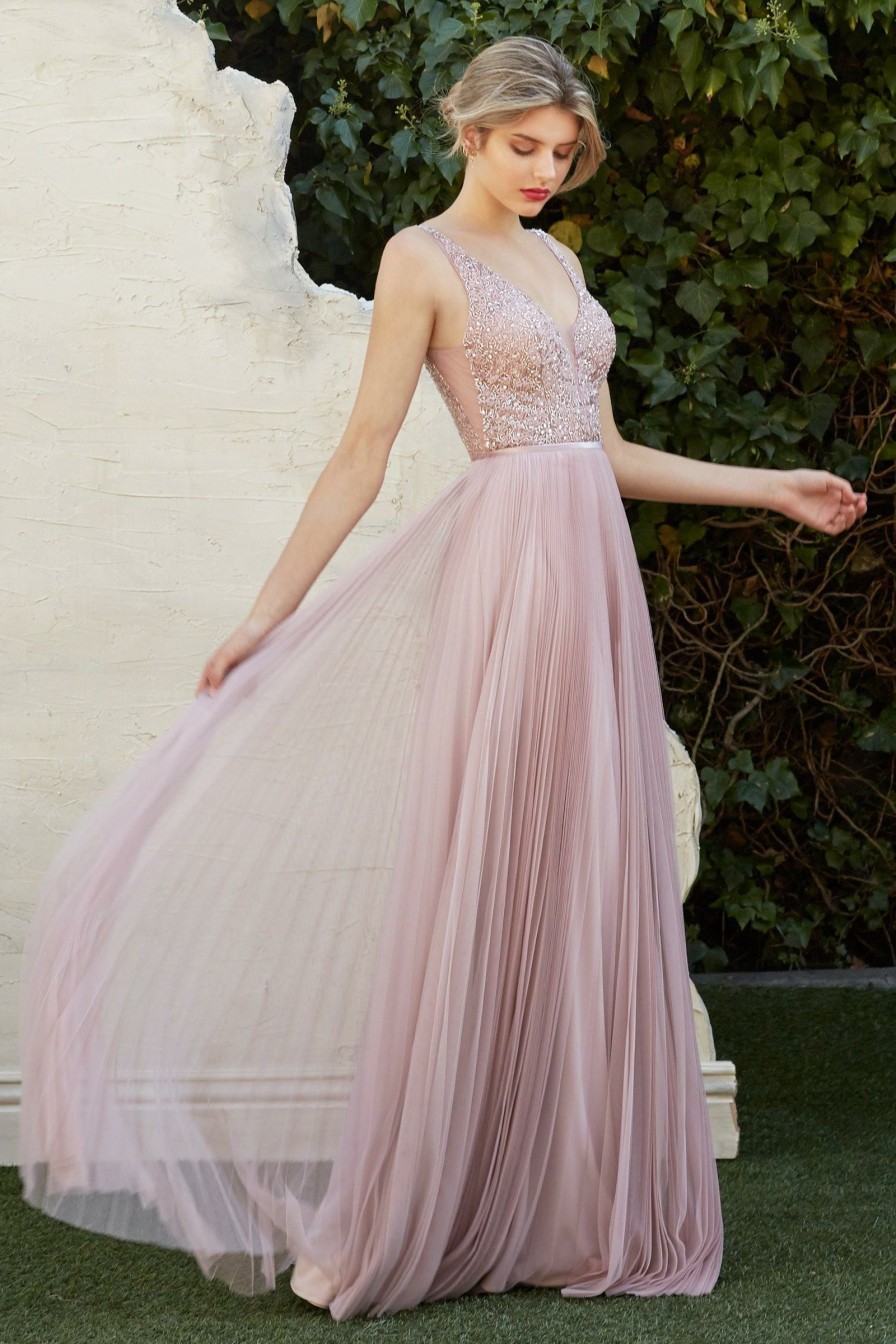 Dresses * | Cinderella Divine Cj535 Long Formal Pleated Evening Prom Dress Quality Guarantee Dusty Rose