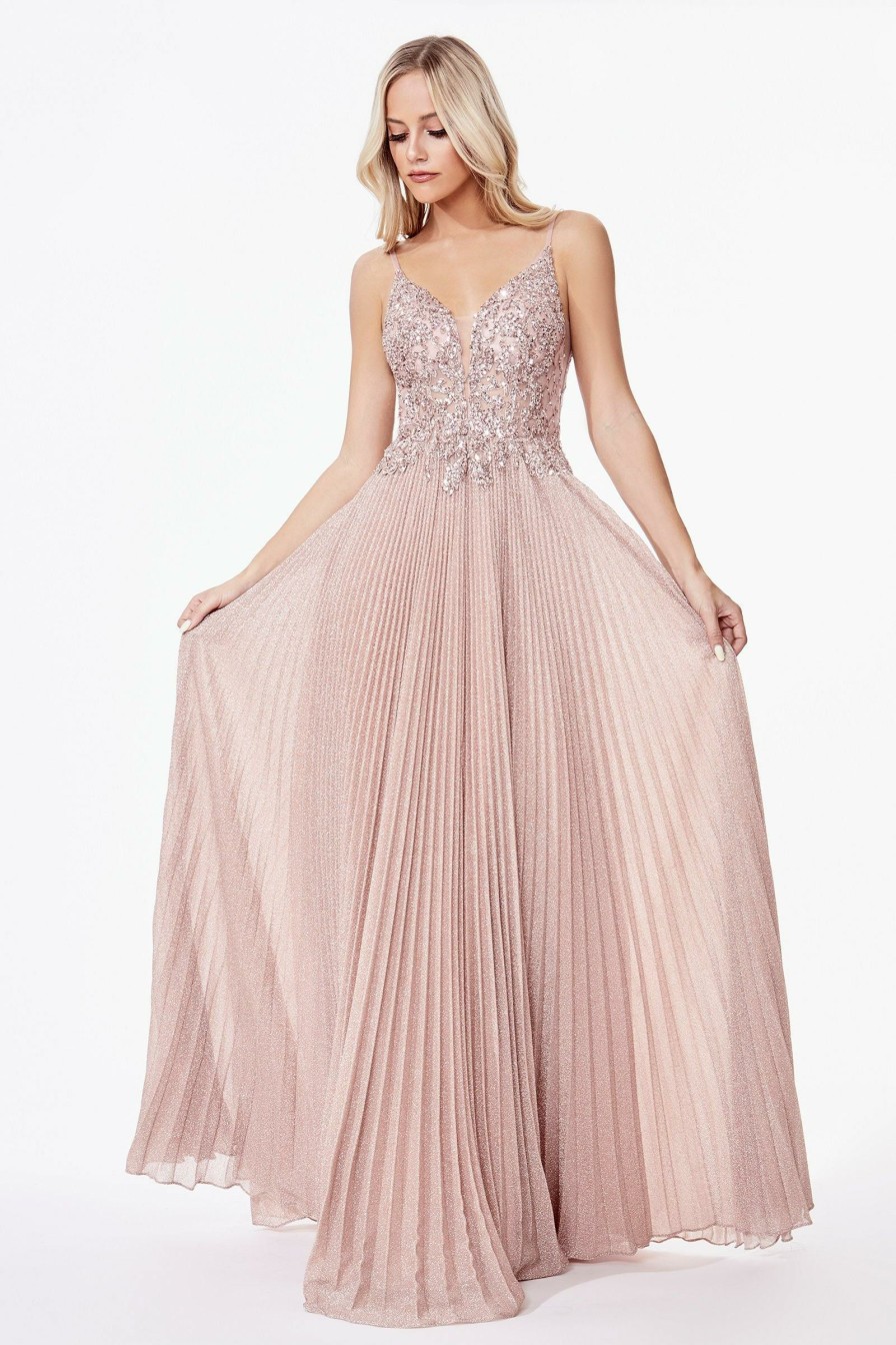 Dresses * | Cinderella Divine Cd0163 Long Formal Spaghetti Strap Pleated Prom Dress Special Style Dusty Rose