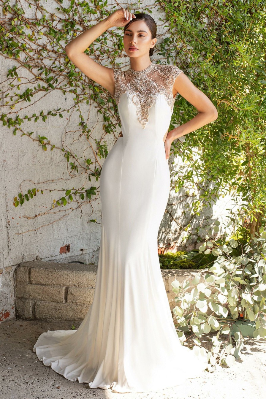 Dresses * | Cinderella Divine Cd71457 Beaded Stretch Knit Sheath Long Wedding Dress Good Quality Off White